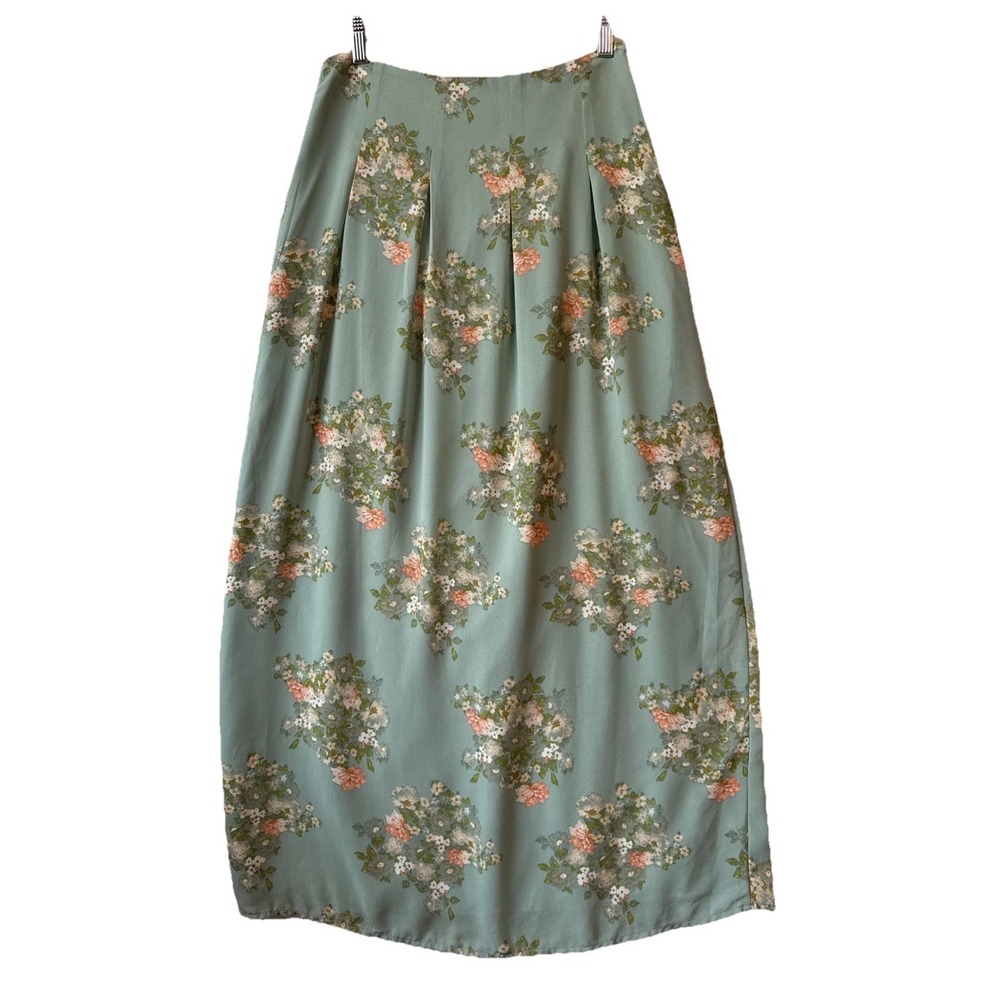 Forever 21 Green Floral Pleated Maxi Skirt‎ M Cottagecore Regencycore Romantic